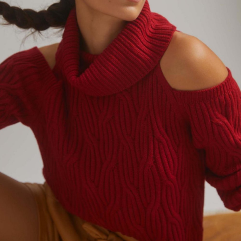 Anthropologie Open-Shoulder Turtleneck Sweater in Red Size Small NWT
